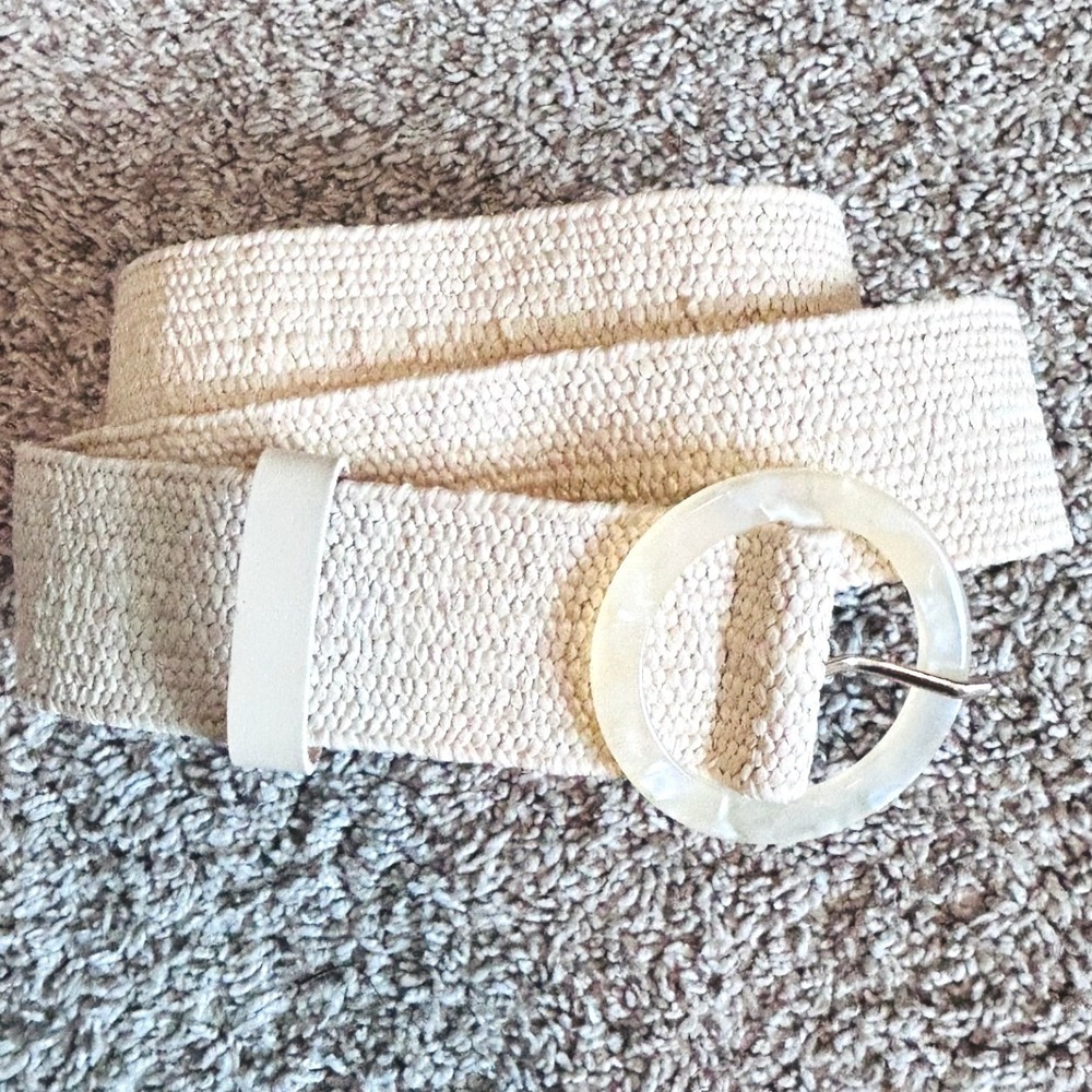 J.Crew Boho Beach Cream Woven Stretch Belt Round Resin Buckle Leather Trim